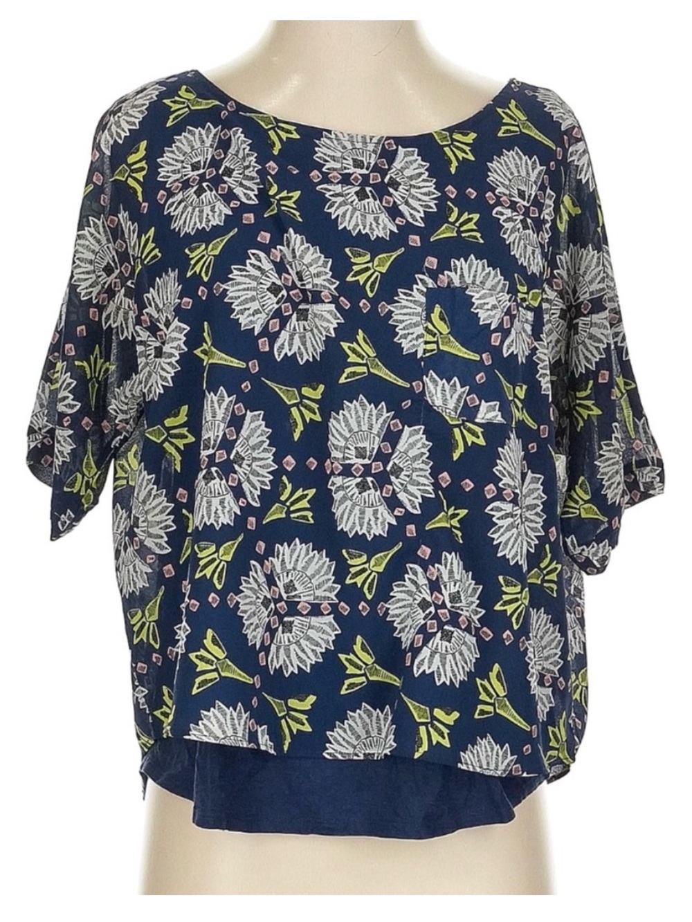 Anthropologie Meadow Rue Navy Blue Floral Print Layered Dolman Top Boho Size M
